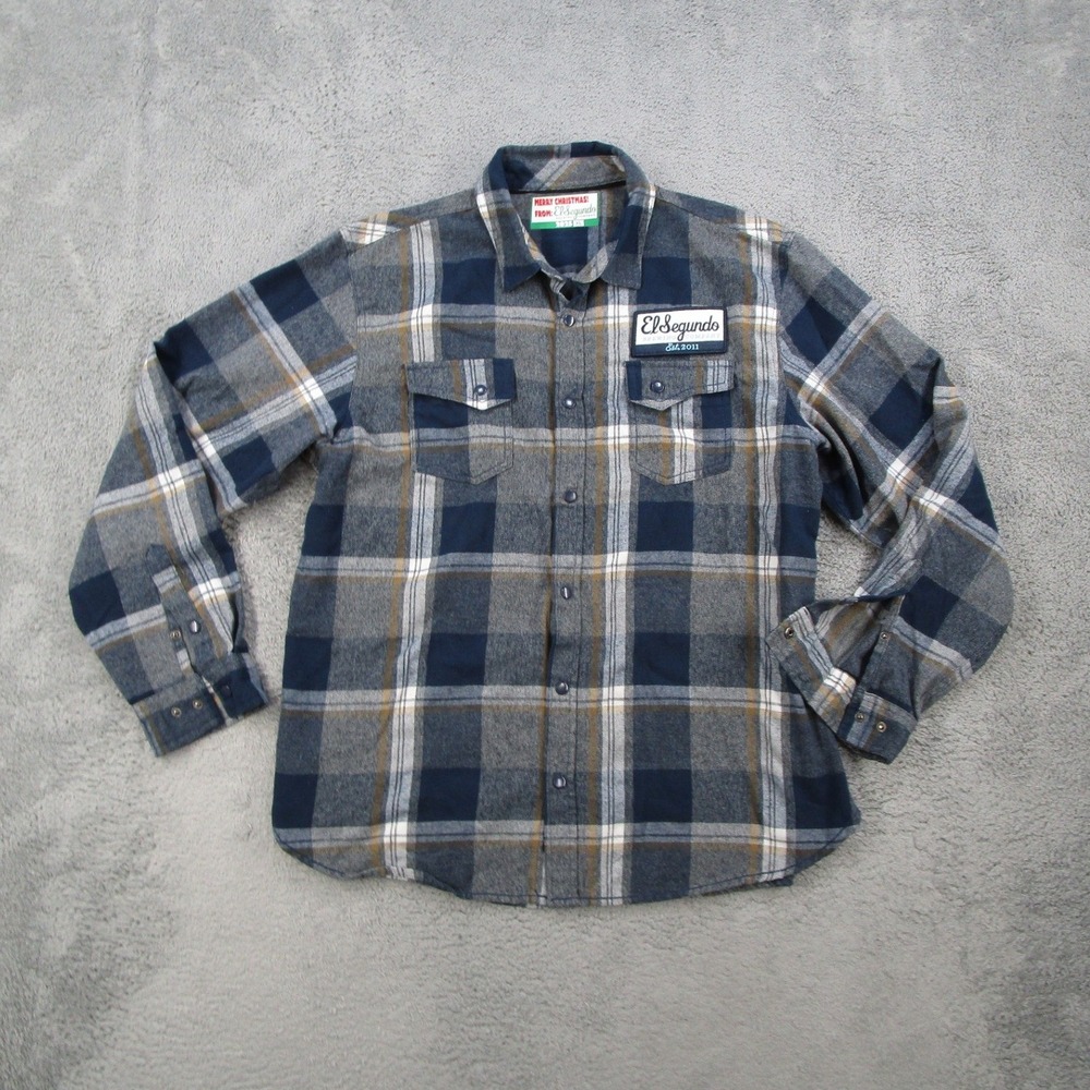 El Segundo Brewing Company Plaid Flannel Shirt Mens XL Navy Blue Grey Snap